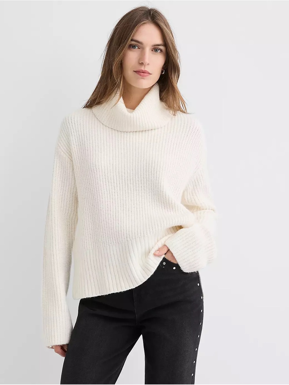 Cuffed Ribbed Mock Neck Sweater in Cream